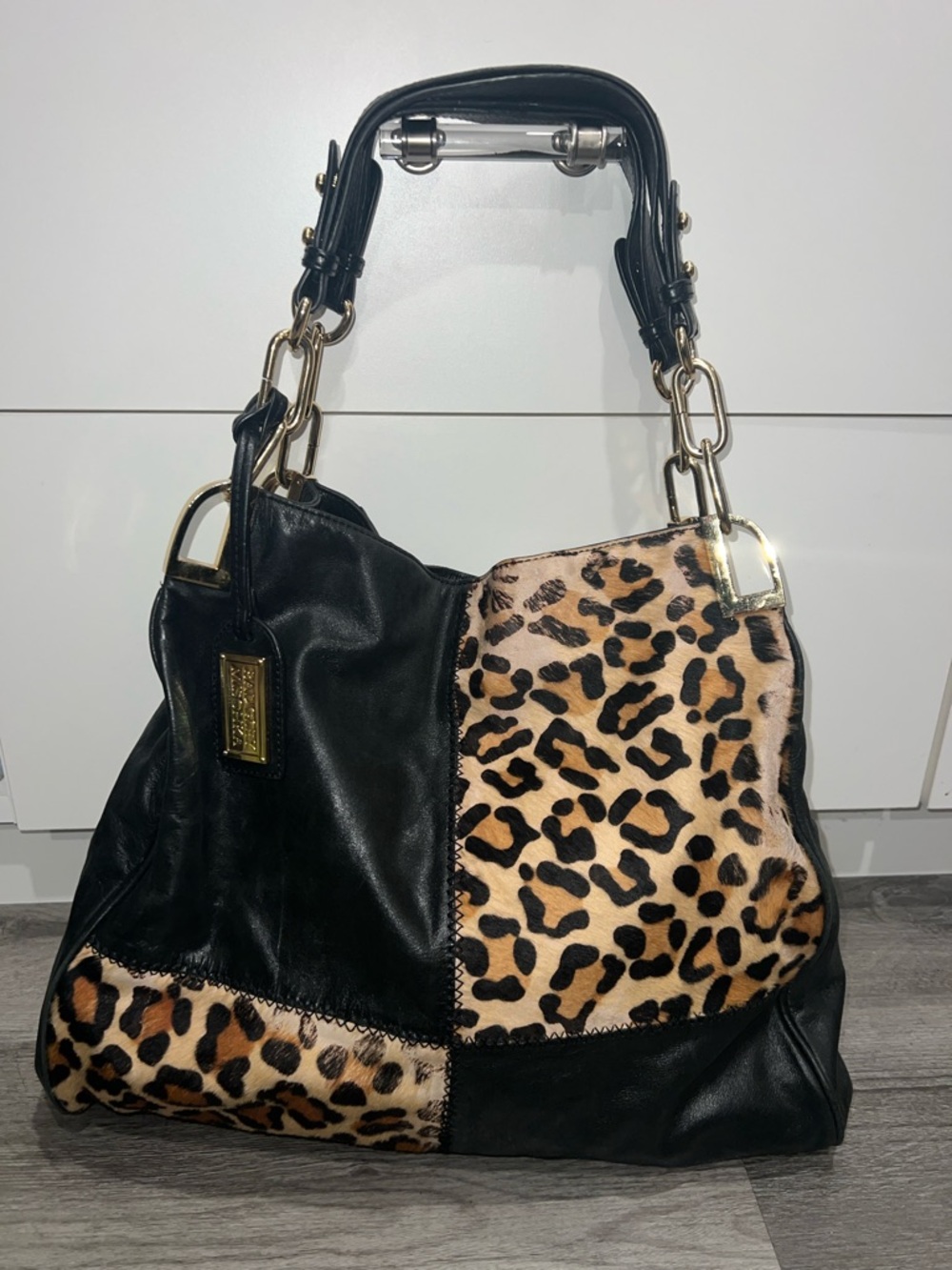 Badgley Mischka Black Leather and Textured Leopard Print Shoulder Bag w/ Dustbag